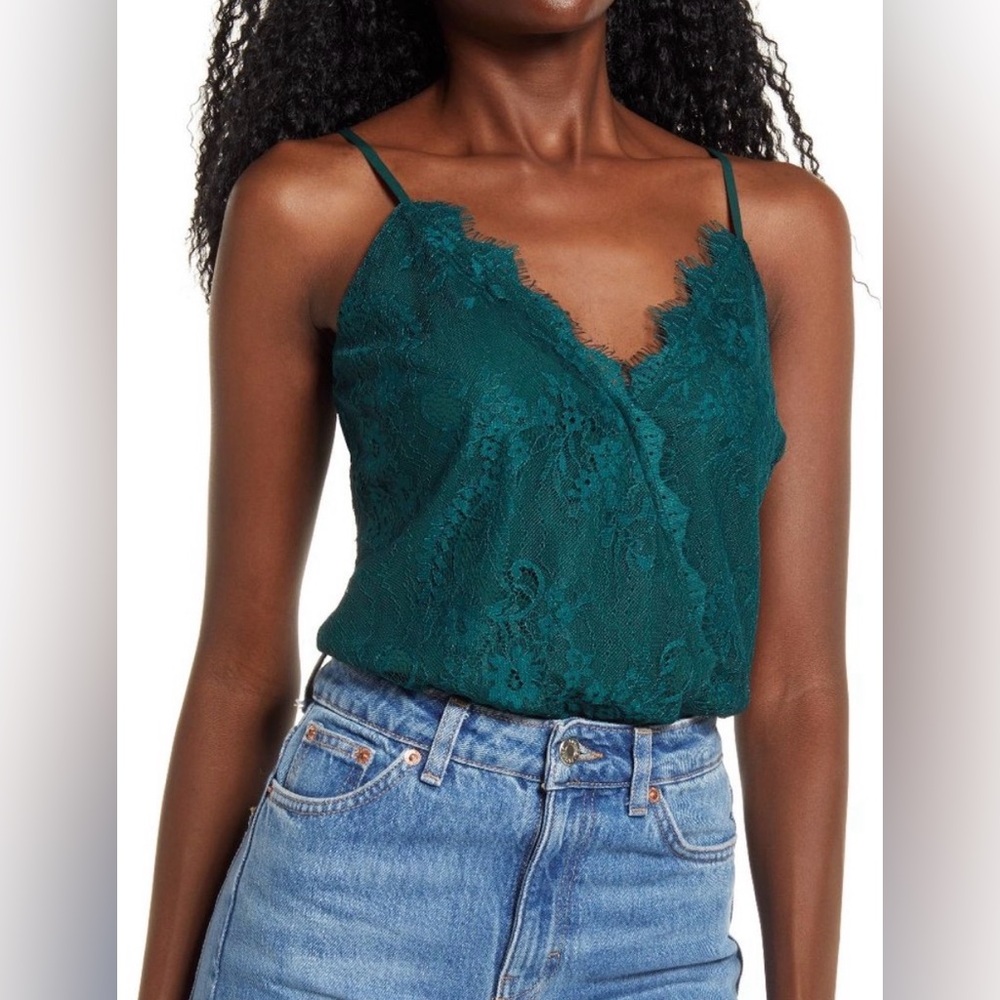 WAYF Natalie Dark Green Lace Cami Bodysuit- XS